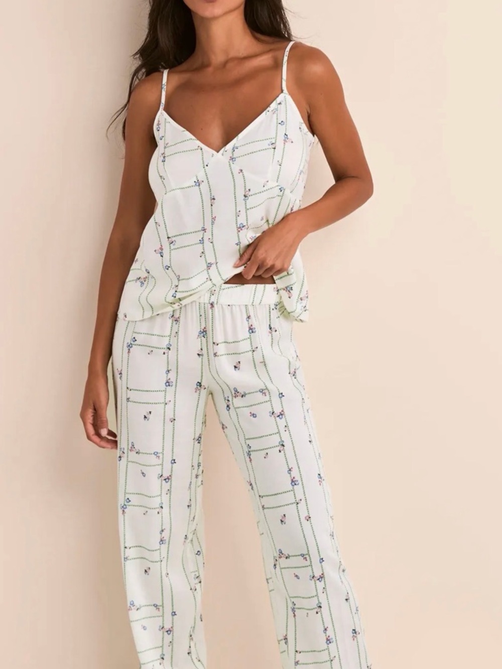 Adore Me Cream Floral Grid Cami & Pants Set with Green Trim